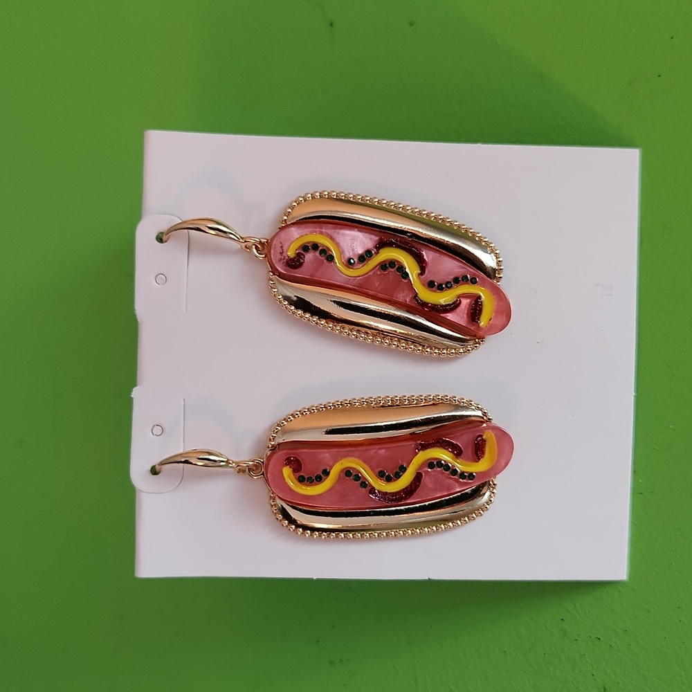 Hot Dog Earings Gold Tone Yummy Looking